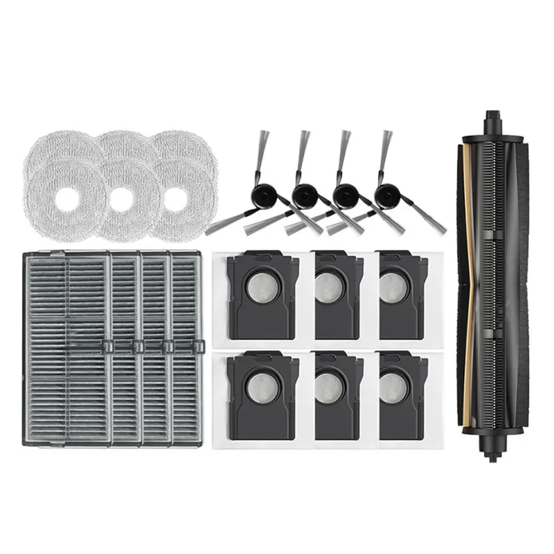 

Запасные части для робота-пылесоса Mova P50 Pro Ultra P10 Pro Ultra: основная и боковые щетки, HEPA-фильтр, салфетка для влажной уборки, мешок для сбора пыли, аксессуары.