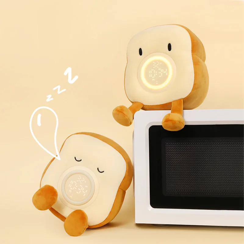 Cartoon Plush Toast Alarm Clock Digital Clock USB Charging Kids Desktop Electronic Clock With Vibration Function Bedside Decor