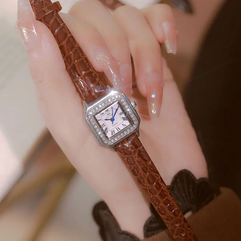 Light Luxury Square Dial Soft Leather Unique Women\'s Watch Korean Style Silver Rhinestone Quartz Clock Relogios Feminino