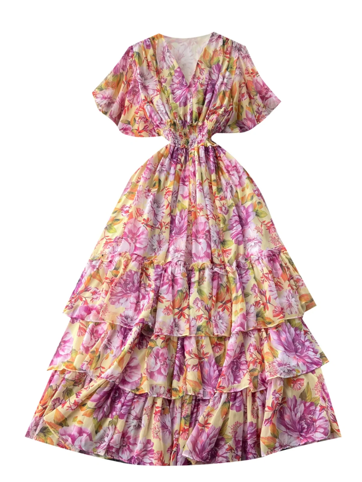 레트로 브이넥 플리츠 플로럴 쉬폰 드레스 여성용 하이웨이스트 슬림핏 드레이프 롱 스커트 한국 스타일 출퇴근용 A라인 미디 드레스