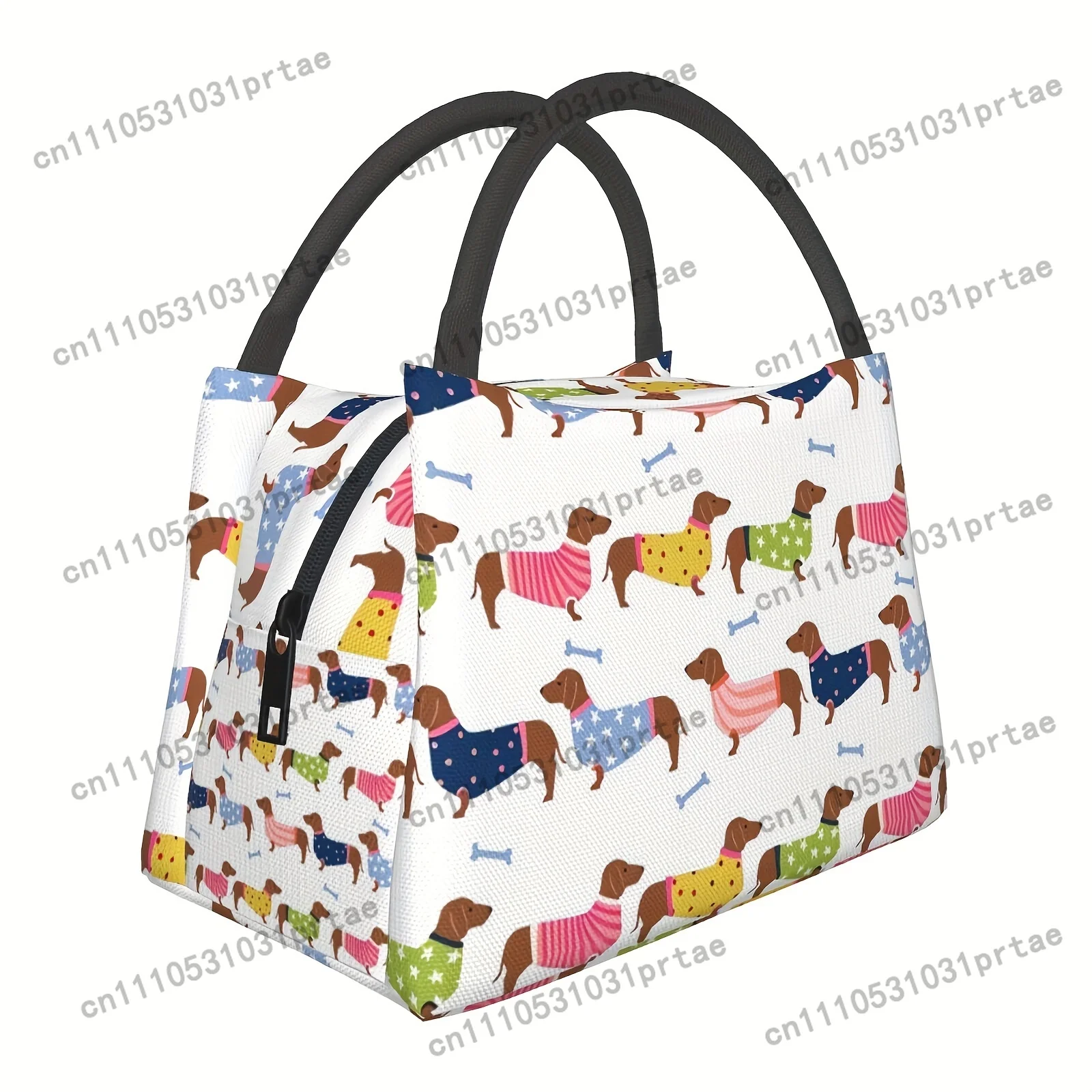 Reusable Dachshund Pattern Insulated Lunch Bag with Zipper Closure - Polyester, Ideal for Travel, Picnics, Office & Work, Office