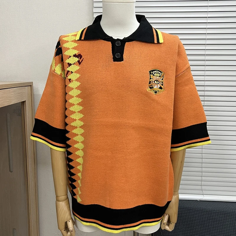 House of Errors trui streetwear trend contrasterend kleurenpatroon jacquard borduurlogo gebreid poloshirt met korte mouwen