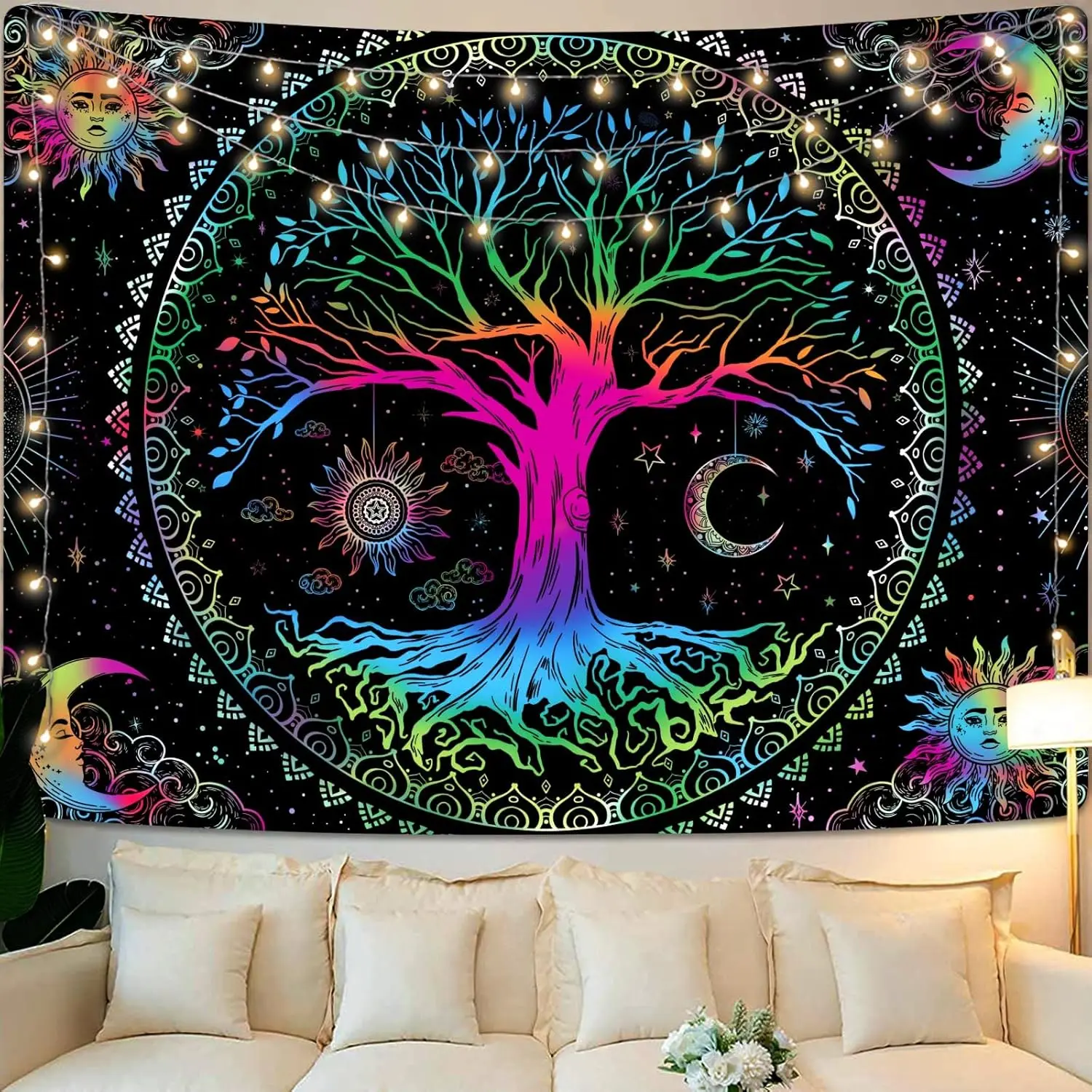 Rainbow Tree of Life Tapestry, Black Sun Moon Celestial Wall Hanging, Mystical Boho Decor for Bedroom Living Room Yoga
