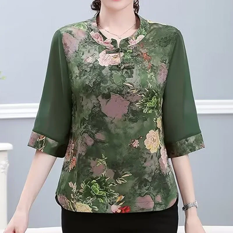 2024 New Summer Elegant Fashion Print Retro Loose Office Lady Women\'s Shirt Aesthetic Chinese Style O Neck Short Sleeve Y2K Tops