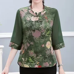 2024 New Summer Elegant Fashion Print Retro Loose Office Lady Women's Shirt Aesthetic Chinese Style O Neck Short Sleeve Y2K Tops