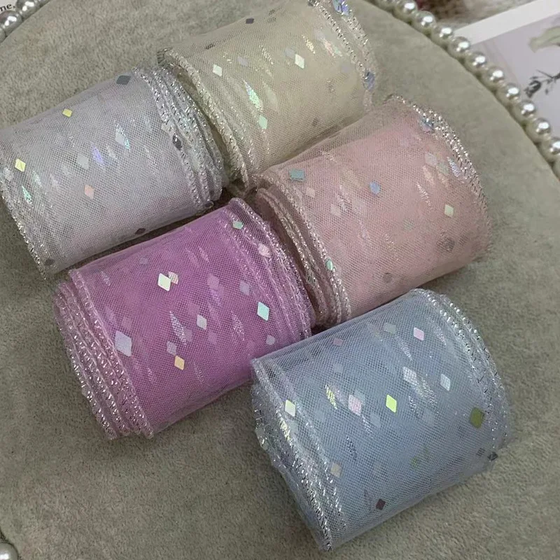 

25 Yards 55MM Silver Wire Edge Diamond Sequin Net Yarn Ribbon Hair Bows DIY Crafts Handmade Accessories Gift Wrapping Material