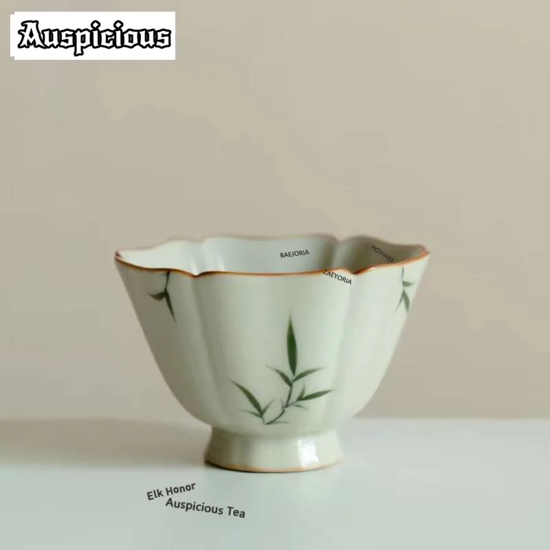 2pc/lot Hand Drawn Green Bamboo Petal Teacup Handmade Tea Bowl Jug Tea-tasting Personal Cup Mug Chazhan Master Cups Teaware 75ml