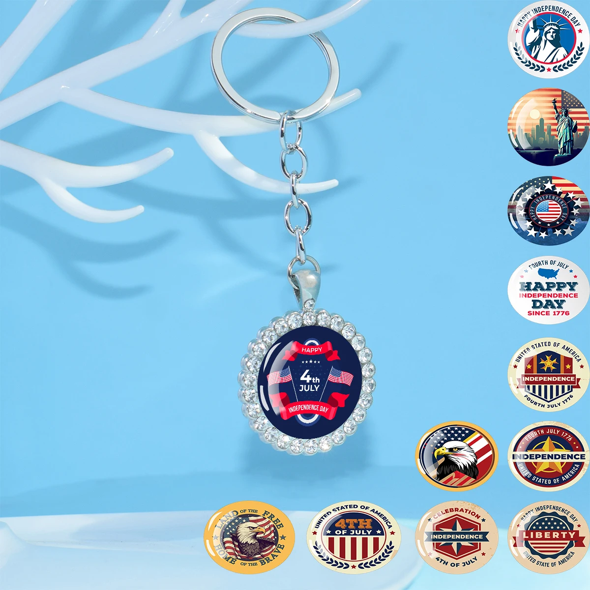 July 4th Independence Day Statue of Liberty Dome Glass Rhinestone Alloy Keychain US Flag Jewelry Commemorative Gift