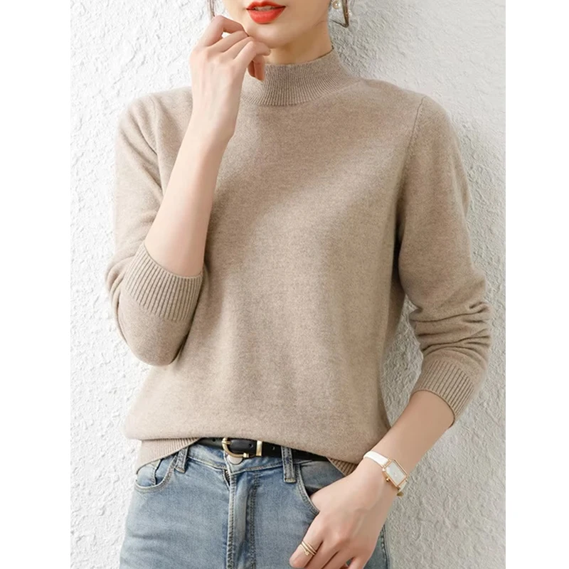 New Half Turtleneck Basic Women Sweater Fashion Pullover Long Sleeve Knitted Loose Top Jumper Casual Solid Simple Autumn Clothes