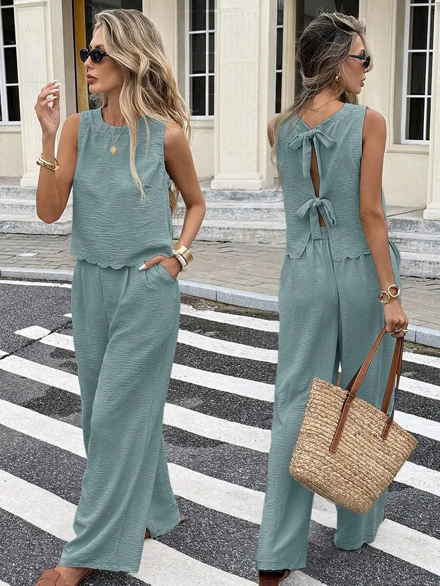 

Womens Sleeveless Linen Two Piece Set With Bow Back Top And Wide Leg Pants