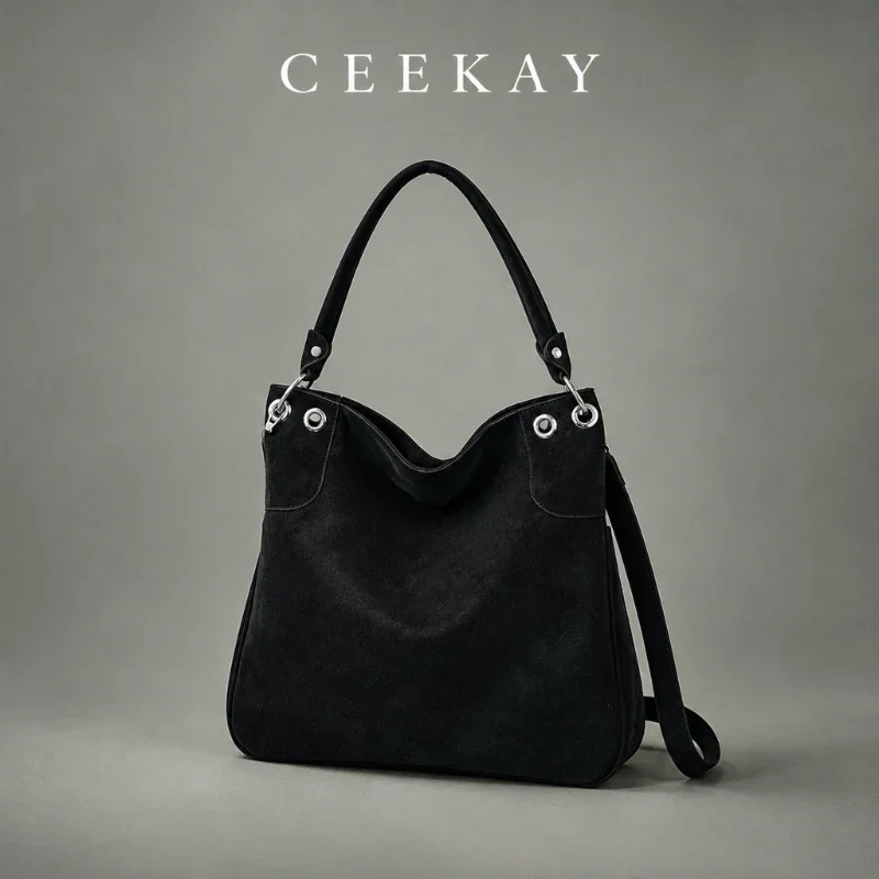 CEEKAY Suede Hobo Bag Metal Grommet Trim Top Handle All-Match Daily Wear Spacious Elegant Chic Classic Shoulder Purse for Women