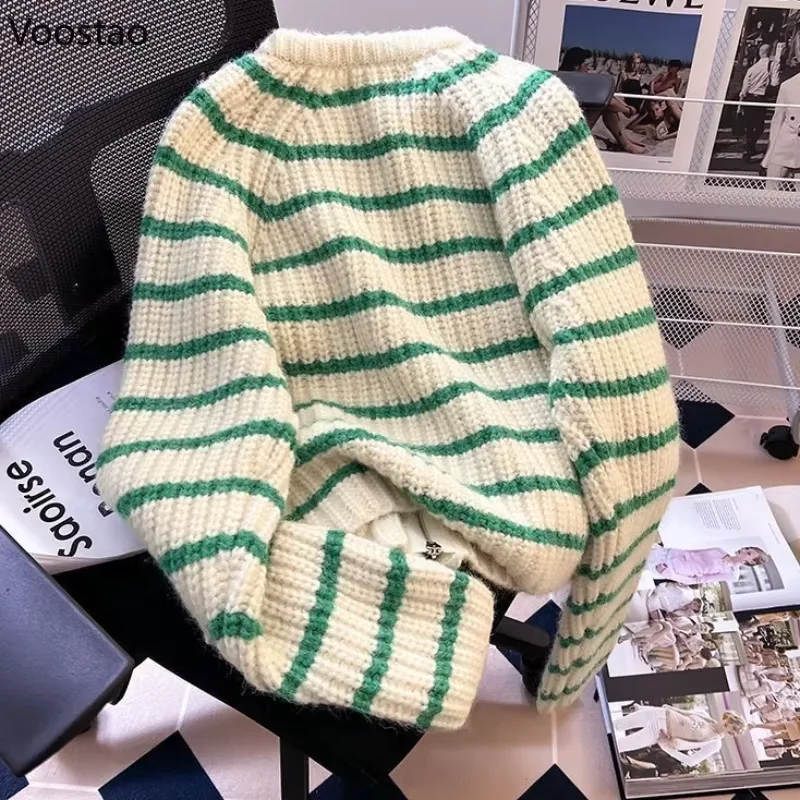 Green Striped Zipper Knit Cardigan Women Autumn Winter Casual Loose Sweater Top Thicken Simple Style Warm Coat Female Knitwear