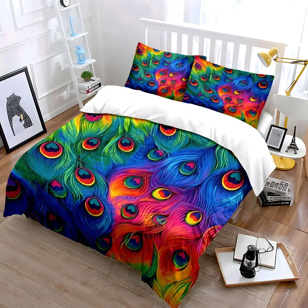 Colorful Peacock Feather Decor Set Multiple sizes kid's and adults' bedroom Exquisite 3PC bedding set, gift