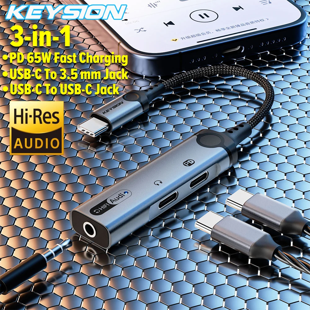 kEYSION 3 in 1 Type C to 3.5mm Earphone DAC Audio Dual Type C Headphone Jack Adapter PD60W Fast Charging Splitter for iPhone 15