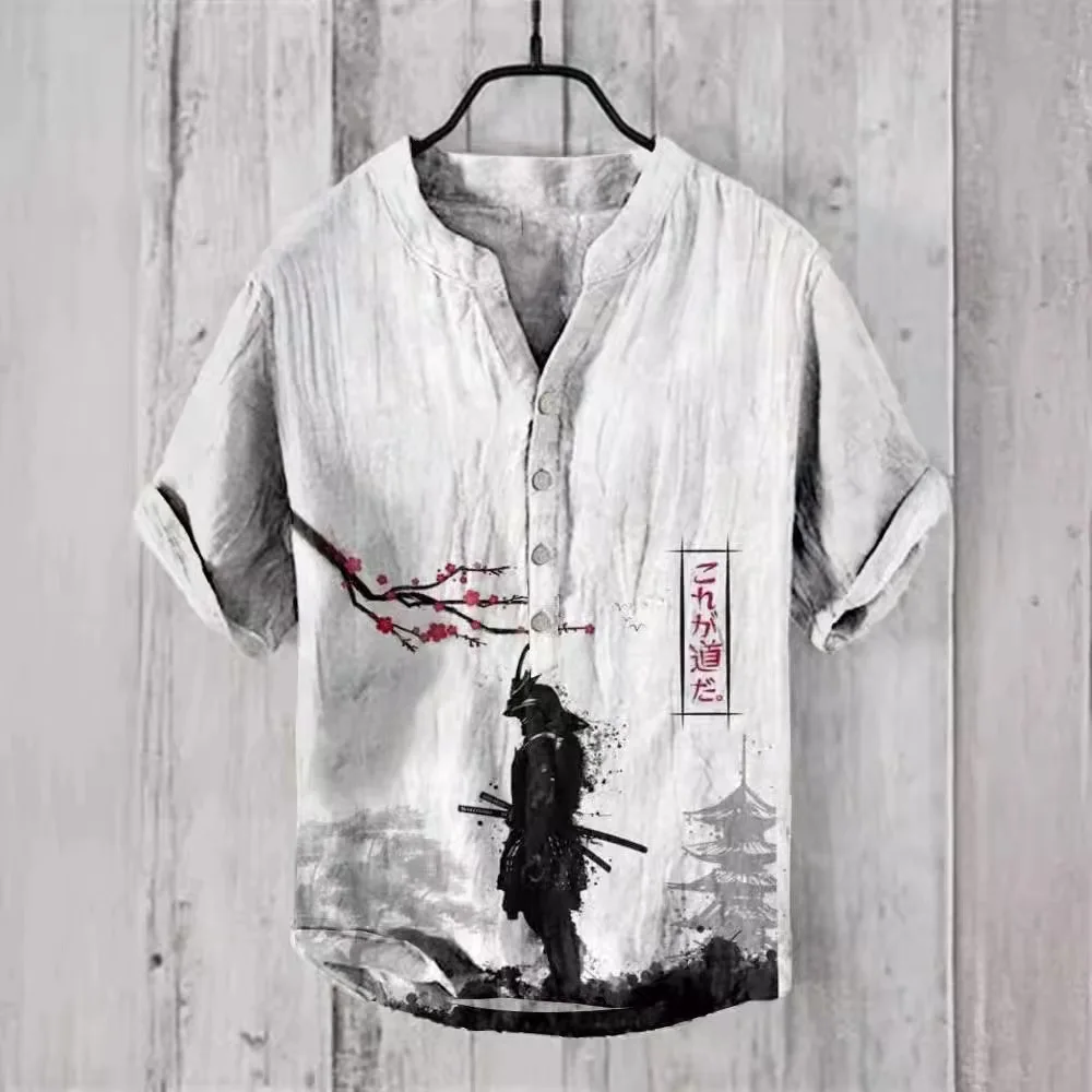 La camicia a maniche corte da uomo con scollo a v in lino con nodo di bambù primavera/estate stampata digitale 3D più venduta di EbayTIKI, da uomo in stile cinese