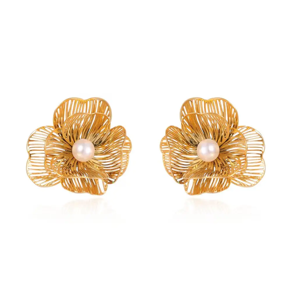 Fashionable stainless steel double-layer petal pearl earrings, noble, elegant gold/steel color