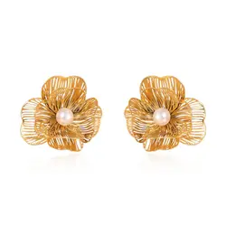 Fashionable stainless steel double-layer petal pearl earrings, noble, elegant gold/steel color