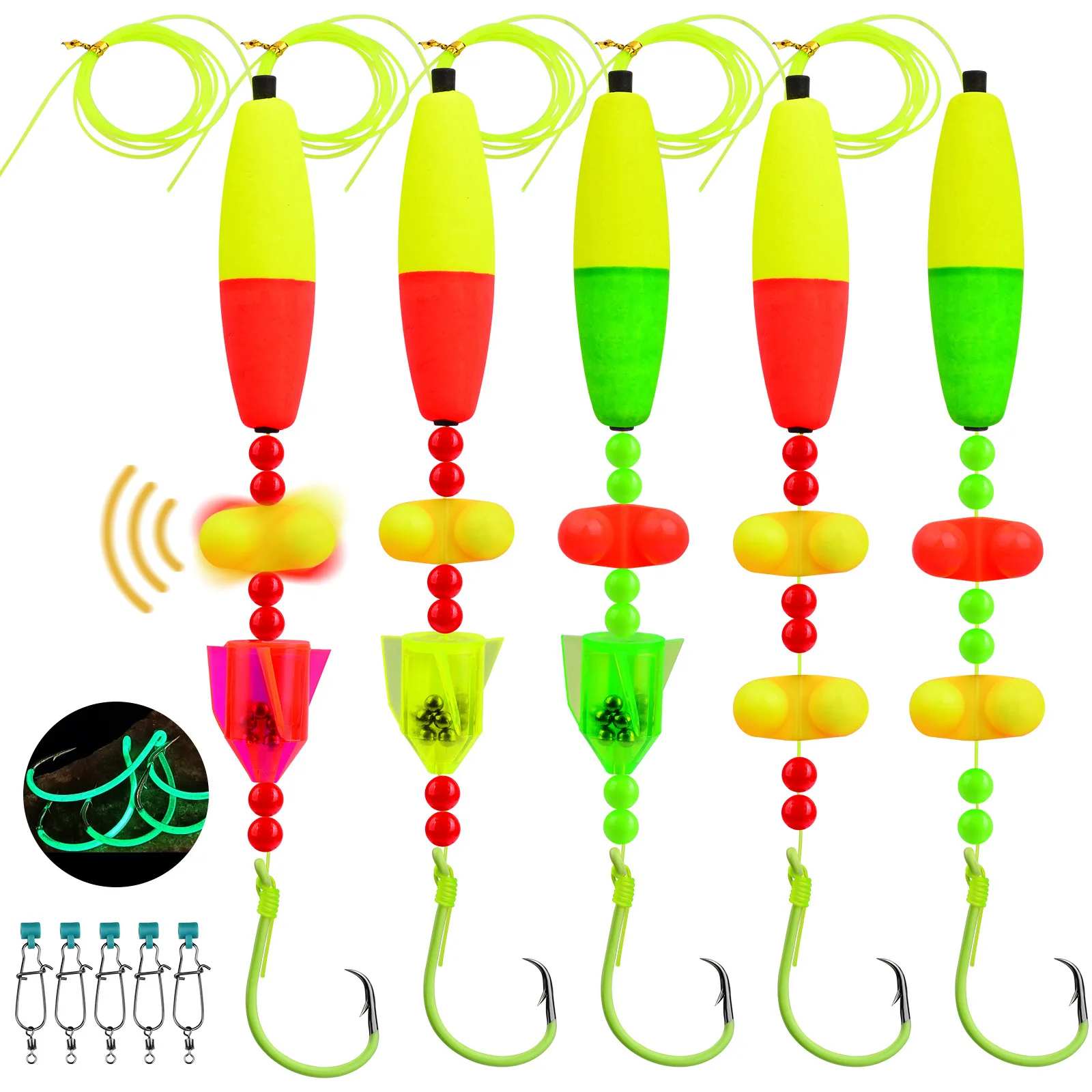 PROBEROS 5pcs Catfish Float Rigs with Rattler 6/0-10/0 Hooks Noise-Attracting Catfishing Equipment for Freshwater Lake Fishing