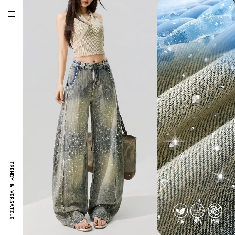 

Women's Korean Style Loose Rhinestone Baggy Jeans 2026 Summer New Vintage Wash American Retro Casual Streetwear Denim Pants