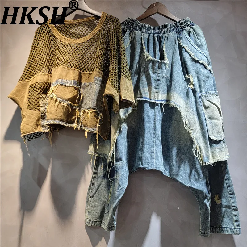 

HKSH 2026 Spring Summer New Women Set O-neck Short Sleeves Hollow Out Mesh Spliced Denim T-Shirt Baggy Jeans Pants Retro HK18420
