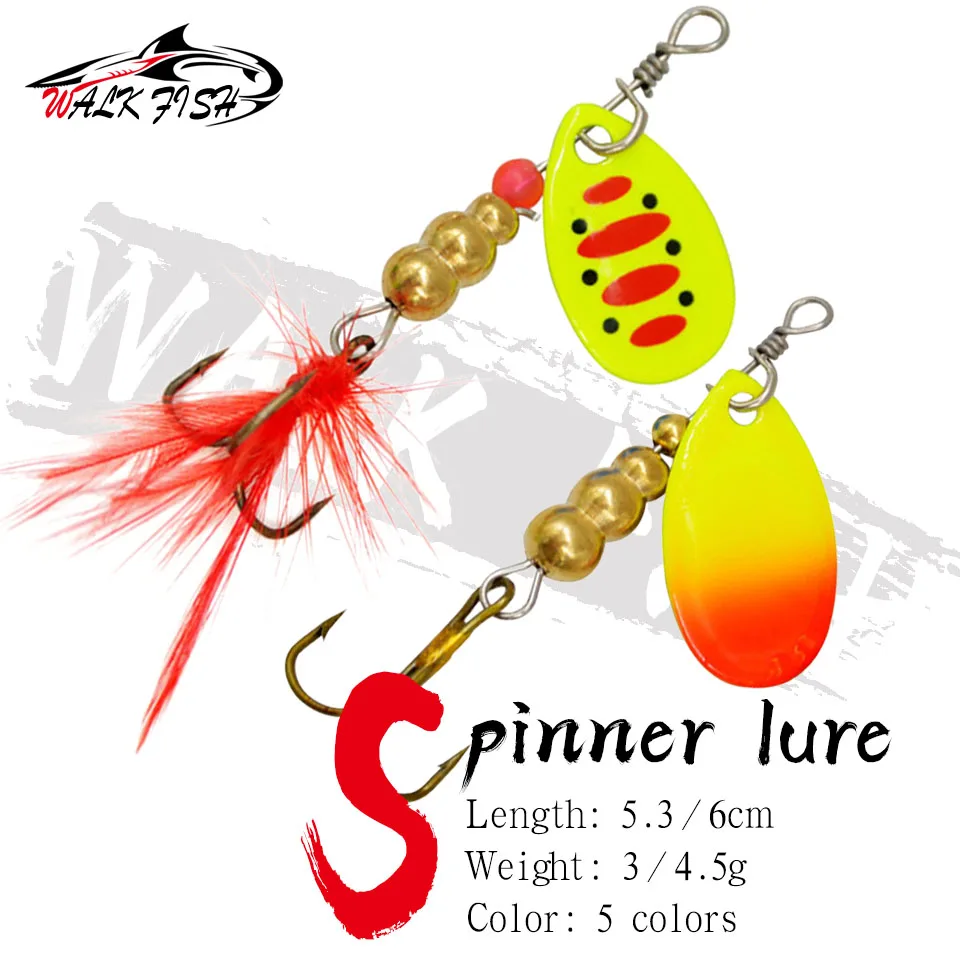 WALK FISH 1Pcs Spinner Bait 3G/4.5G 53MM/60MM Metal With Treble Hooks Rotating Spinners Spoon Lures Fishing Lure Pesca Tackle