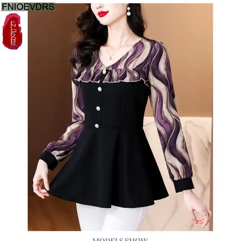 Retro Vintage Purple Ruffles Peplum Tops New Design Women 2024 Autumn Long Sleeve Sequined Tunic Button Shirts Blouses