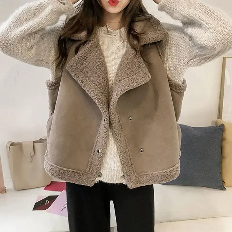 Women's Fleece Vests Splicing Loose Working Casual Korean Style Lady Giletes Demi-season Sleeveless Clothes Fashion 2024 Cold