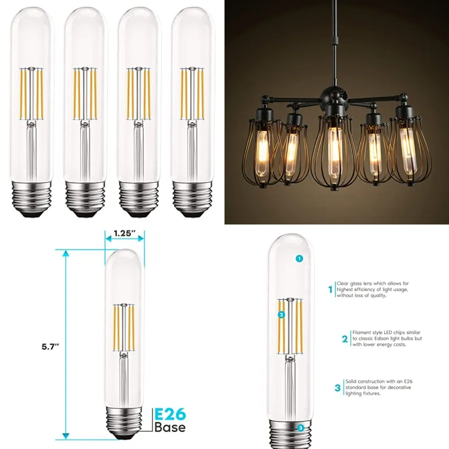 

Vintage T9 LED Tube Light Bulbs 60W Equivalent, 3000K Soft White, 550 Lumens, Dimmable Edison Tubular Light Bulbs 5W, Clear Gla