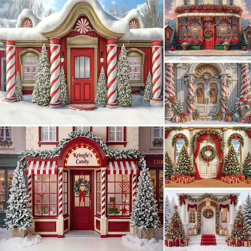LS Red Xmas Candy Cane Store Background Photography Santa Claus Workshop Gift Snow Backdrop Decor Winter Kid Photo Studio