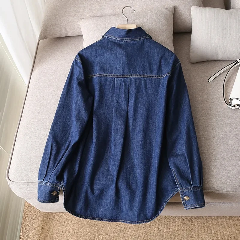 Fashion Women Denim Solid Single Breasted Blouse Vintage Lapel Neck Long Sleeve Female Chic Lady Shirts With Pockets