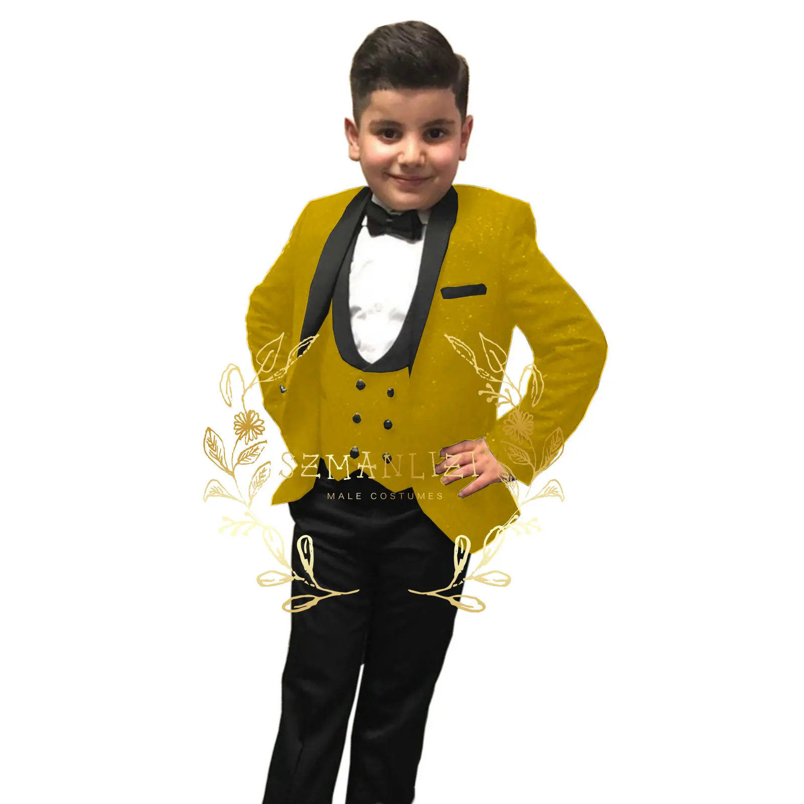 

2023 Handsome Shiny Gold Boy Suits Wedding Suits For Child Shawl Lapel 3 Pieces Slim Fit Kid's Party Tuxedos Jacket Vest Pant