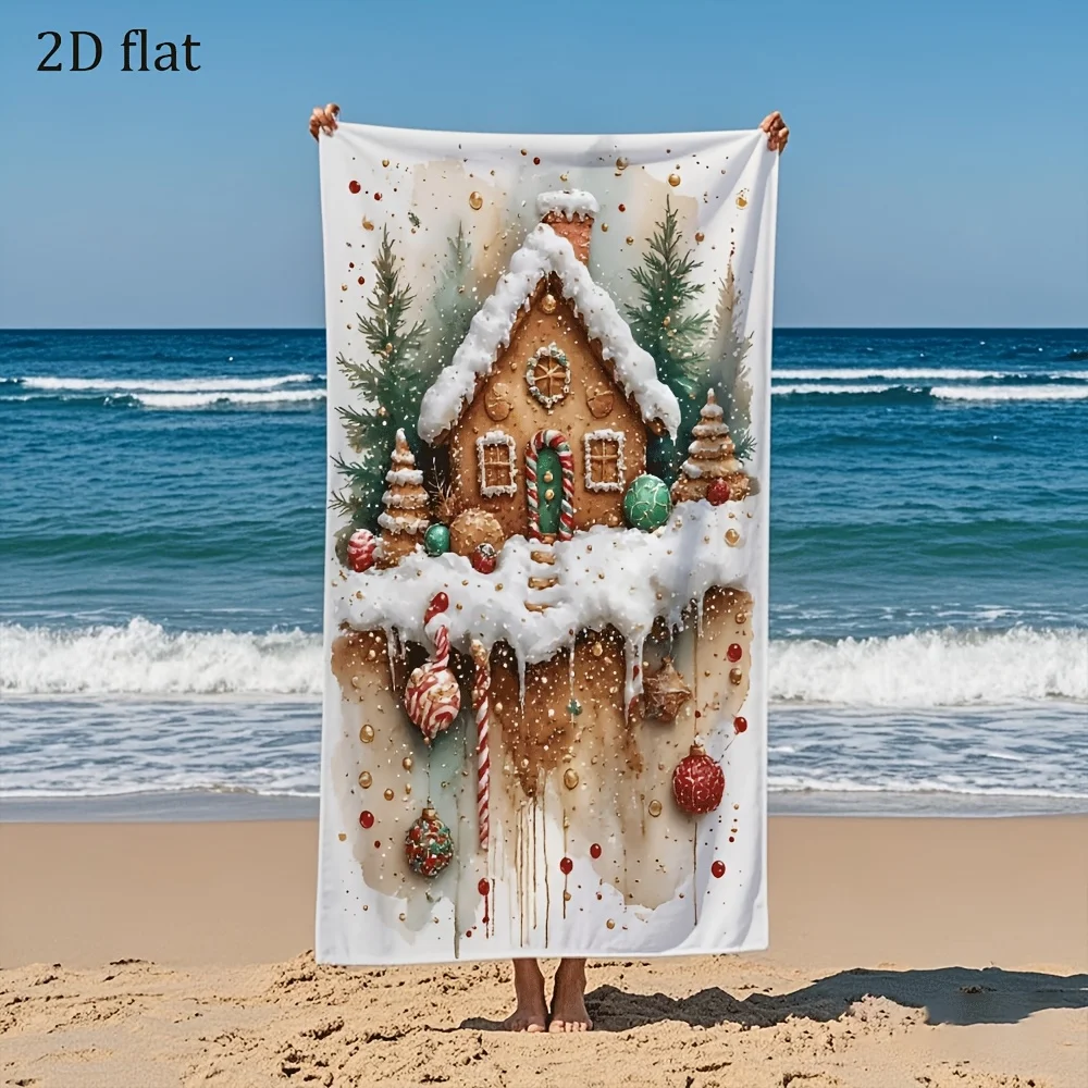 1pc Gingerbread House Christmas Beach Towel, Summer Beach Essential Bath Towel, Suitable for Bedroom Sofa Bathroom Outdoor Trave