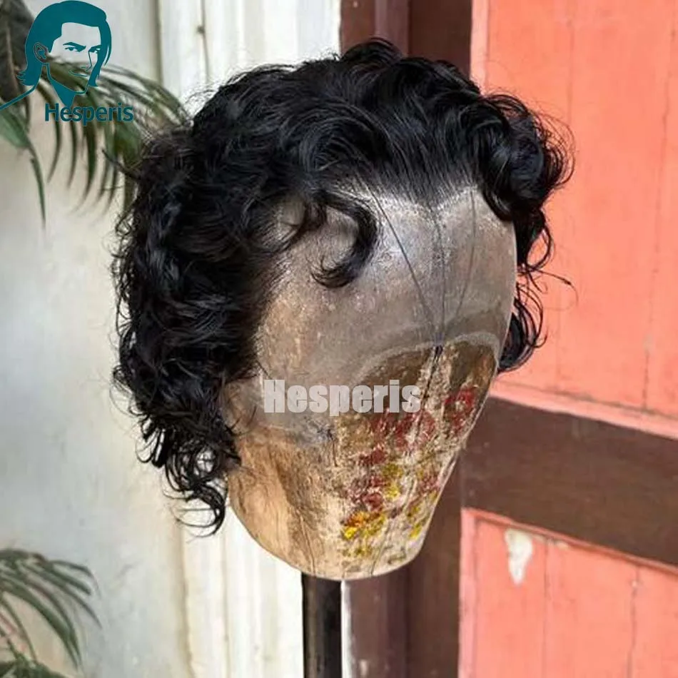 

Hesperis Curly Lace Front Парик из натуральных волос для мужчин Предварительно выщипанный Прозрачный парик фронта шнурка Вьющиеся мужские парики с стрижкой пикси Натуральный цвет