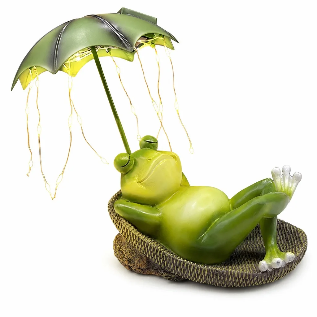 Patio Frog Decoration Solar Resin Garden Sculpture Solar Frog Garden Statue Decorative Frog Umbrella Statue For Indoor Shelf