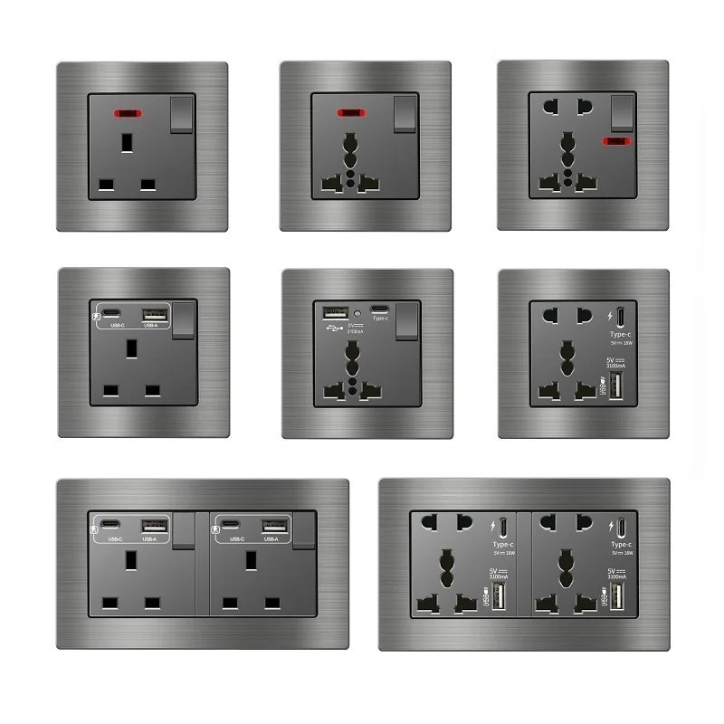 

Aluminum Alloy Brushed Grey Panel Single Twin Socket with USB 3.1A Fast Charge Type C USB 13A UK Standard