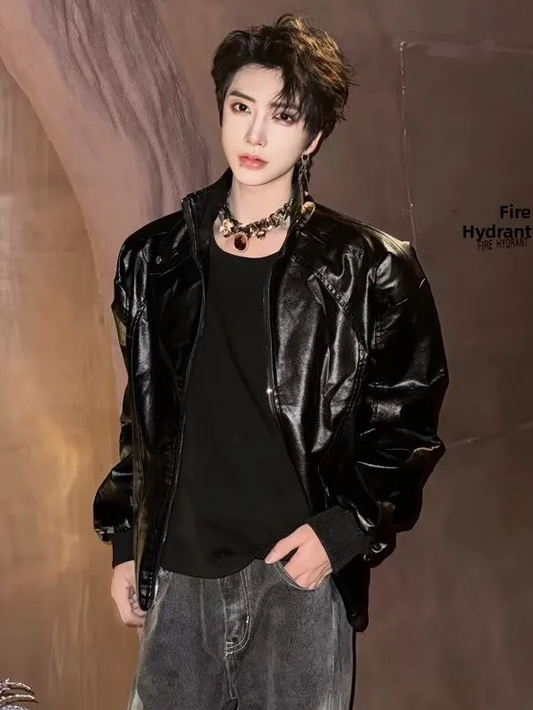 White Short Padded Shoulder Men's Jacket Stylish Shape Motorcycle PU Leather Jacket Street Style Male Model Outfit Autumn Winter