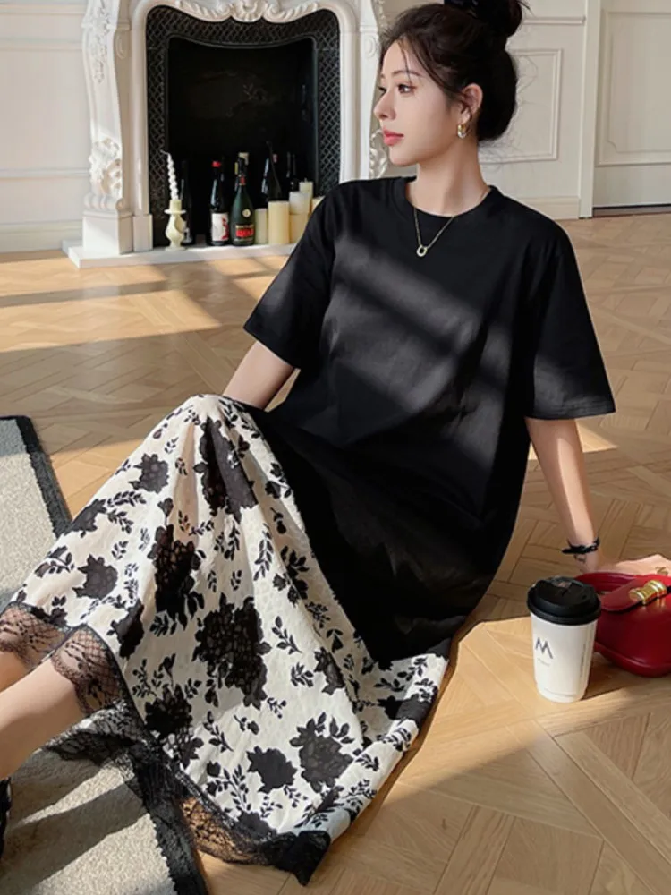 Zomer Big Size Kant Gesplitst Mid Body T-shirt Vrouwen Jurk Nieuwe O-hals Korte Mouw Mode Dames Jurken Tij Vestidos