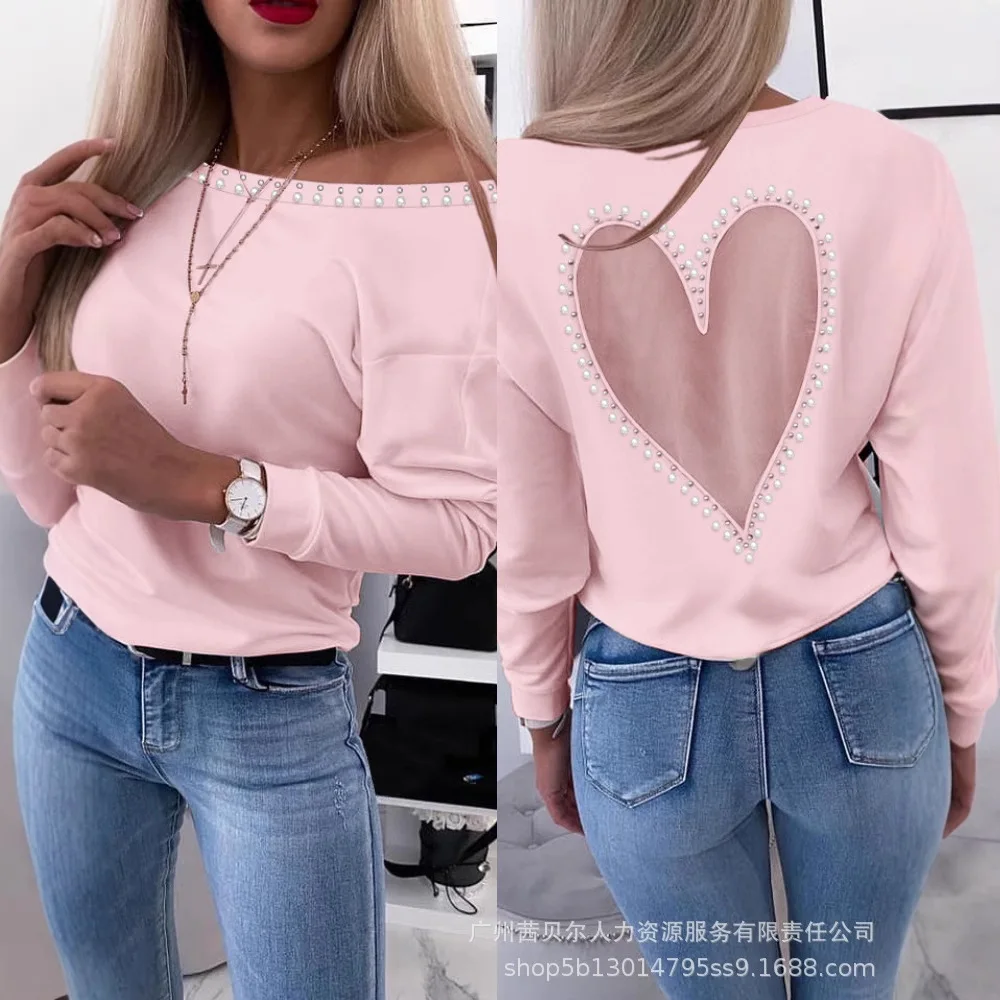 Dames Zomer Lente Hartpatroon Sheer Mesh Ronde Hals Lange Mouw Kralen Sheer Mesh Tee Casual Top