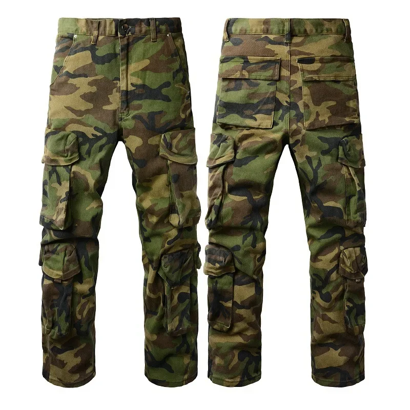 Army Green Camouflage Multi-pocket Straight-leg Workwear Elastic Trousers, European and American Men's New Style Jeans.