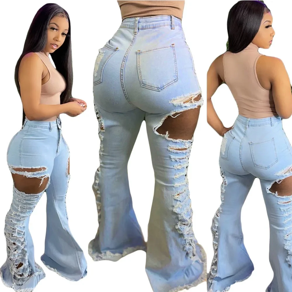 Women Jeans African Mid Waist Ripped Elastic Sheath Full Length Denim Flare Pants Female Fashion Casual Trousers Autumn 2024