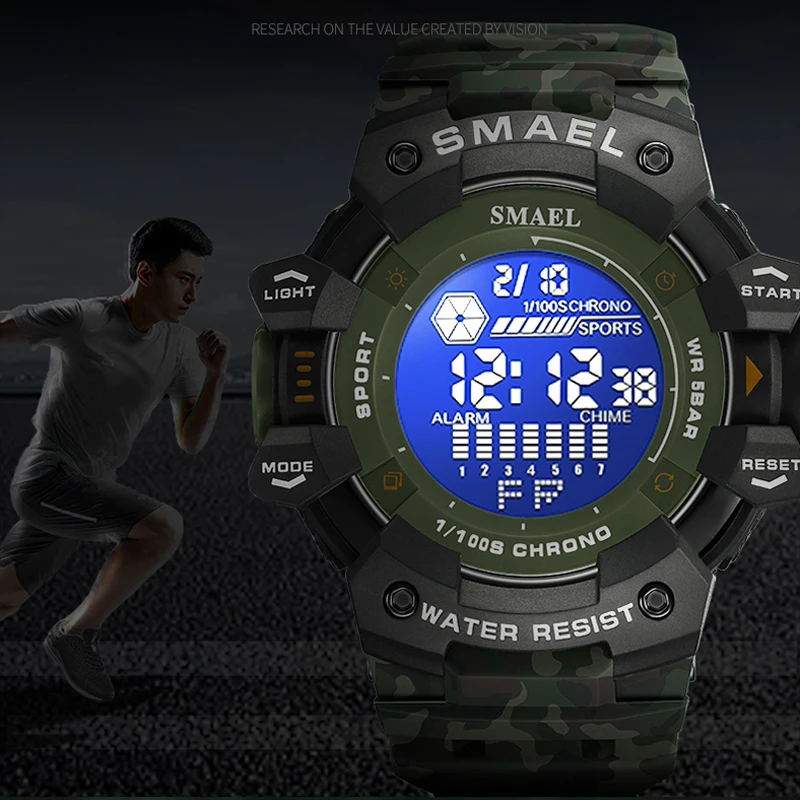 SMAEL Camo Style Men Outdoor Sports Watch Fashion Student   Waterproof Digital Wristwatch Adolescent Multifunction Wristwatch