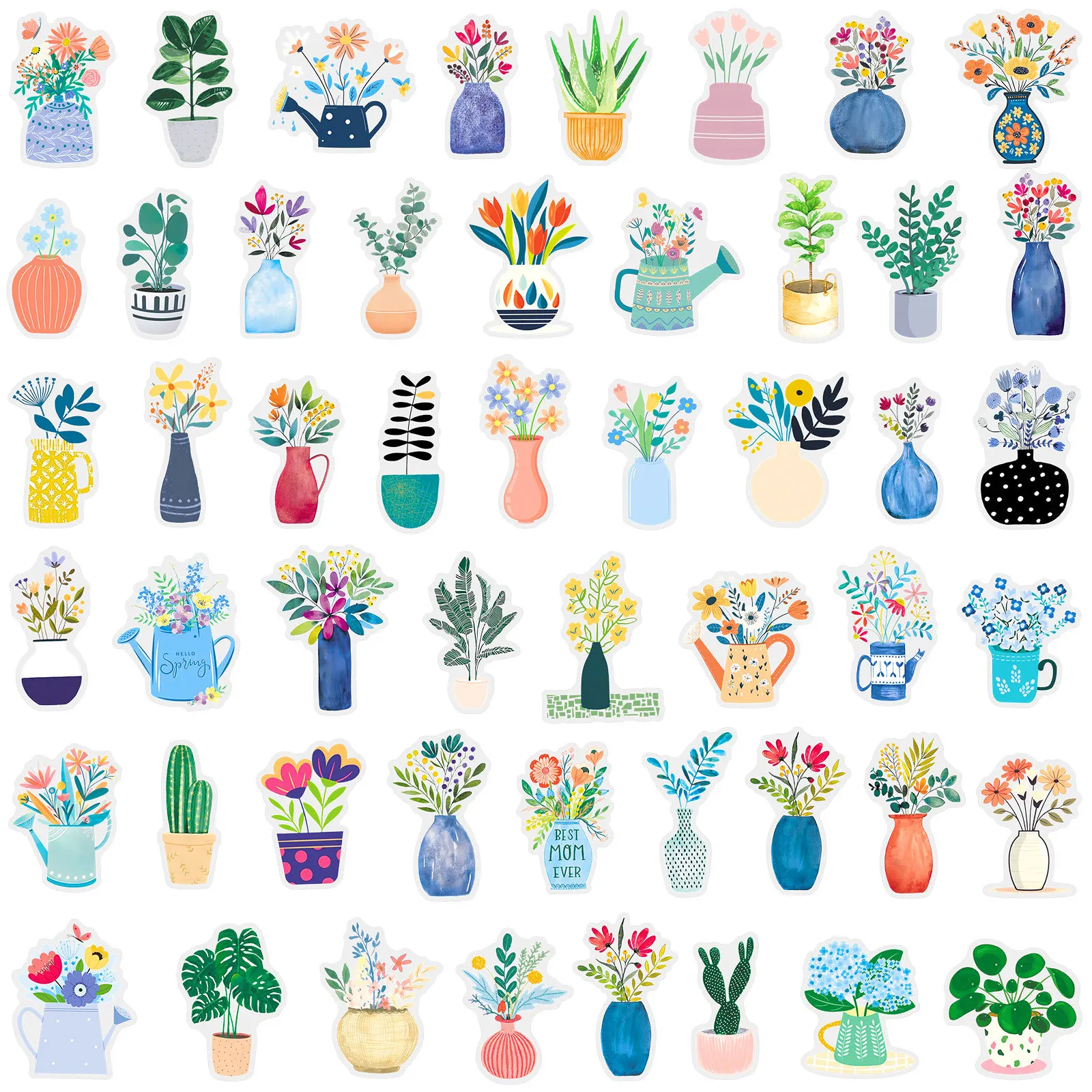 50PCS Cartoon Flower Pot Waterproof Transparent Potted Plant Stickers Decoration Notebook Mobile Guitar Suitcase Graffiti Toys