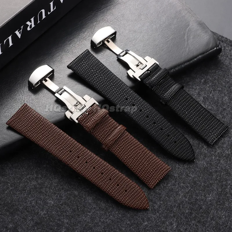 Lizard Grain Leather Watch Band 10mm 12mm 14mm 16mm 18mm 20mm 22mm Waterproof Cowhide Strap Butterfly Clasp Replacement Bracelet