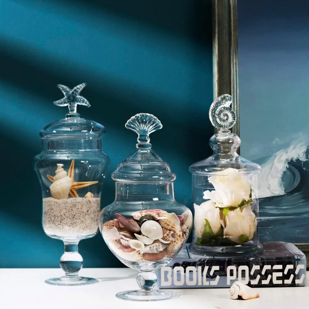 ชุดใหม่ 3 แก้วใส Apothecary Jars w/ฝาปิด,ตกแต่งเปลือกหอยออกแบบห้องน้ํากระป๋อง, เท้า Candy บุฟเฟ่ต์คอนเทนเนอร์