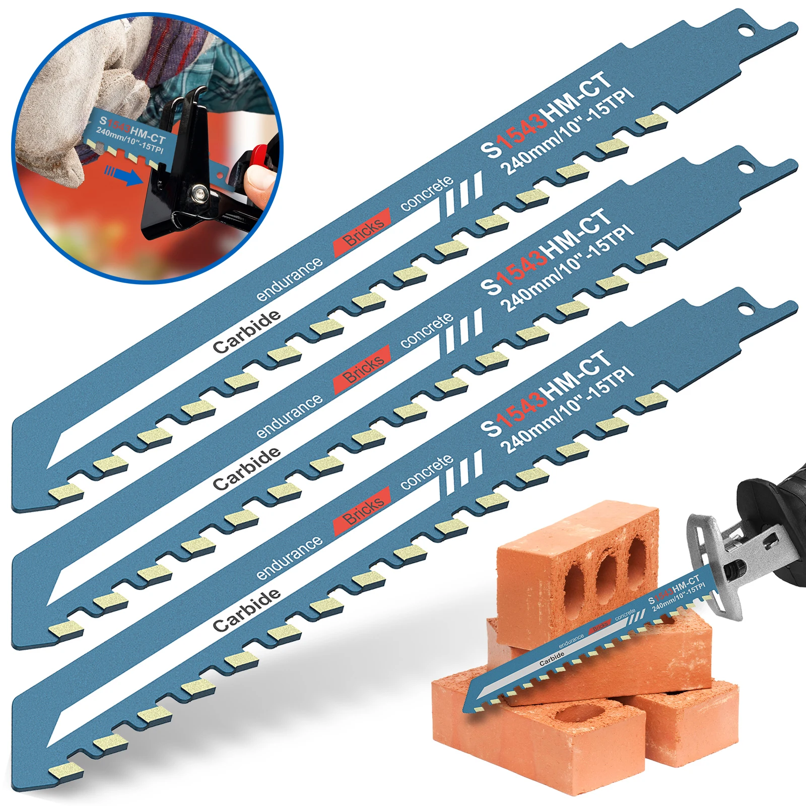 3Pcs Reciprocating Saw Blade 240mm Tungsten Carbide Teeth Saber Saw for Continuous Cutting in Masonry Concrete Woodworking Tool