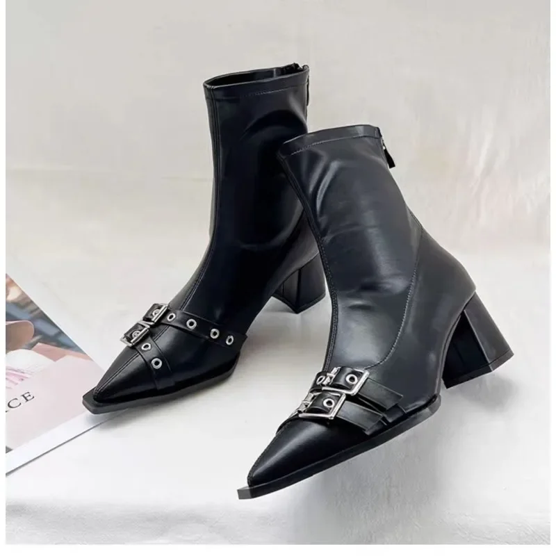 2024 Female Designer Buckle Footwear Women Ankle Stretch Boots Fashion Pointed Toe Ladies Short Booties With image 5