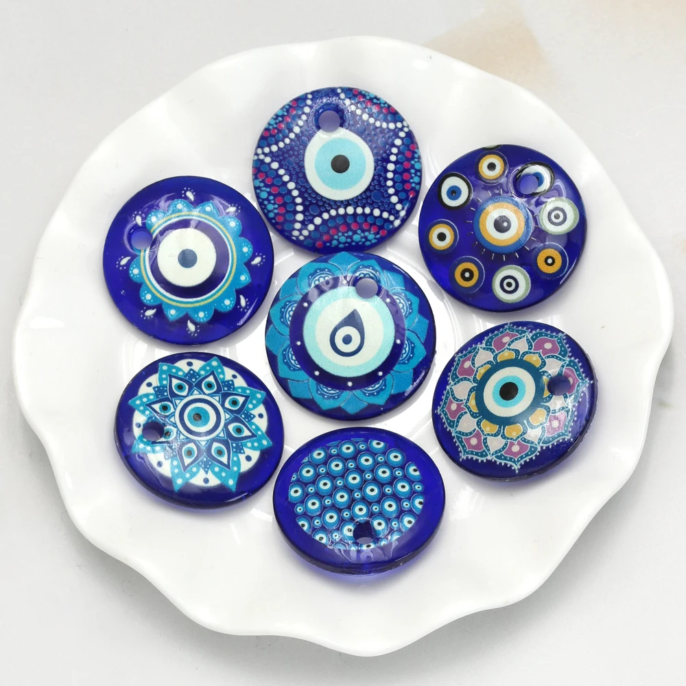 Lucky Eye Flower Pattern Charm Pendant Glass Turkish Evil Eye Pendant Charm for Jewelry Making DIY Keychain Necklace Accessories