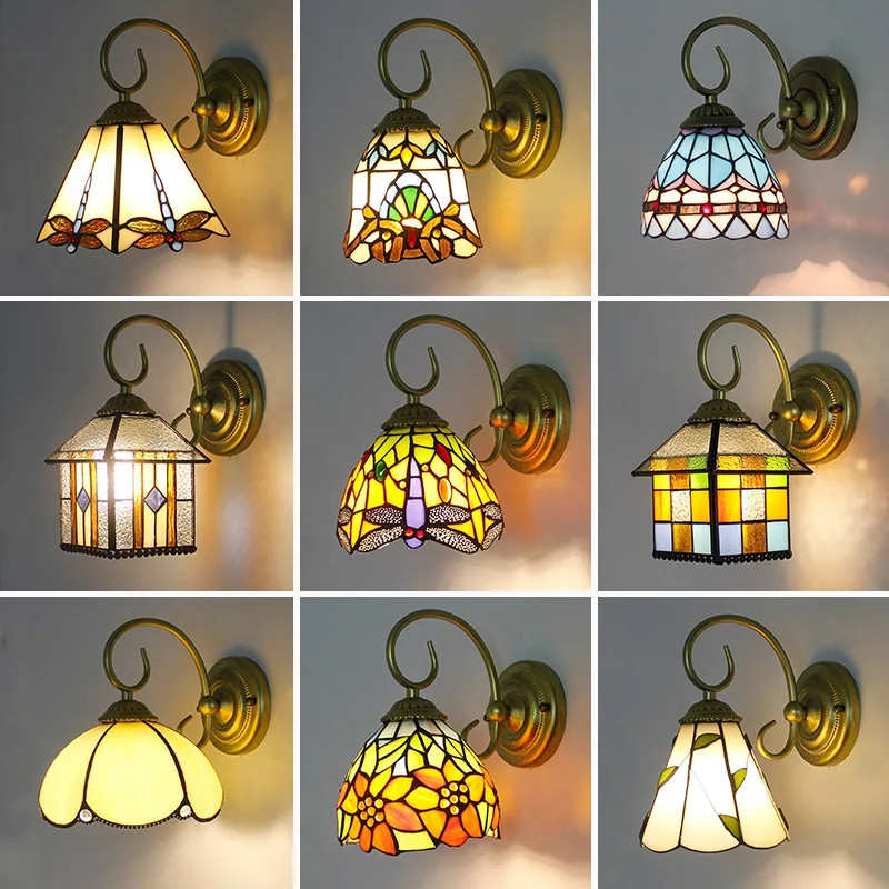 

European retro aisle corridor balcony bedside glazed wall lamp Tiffany stained glass pastoral mirror headlight decoration