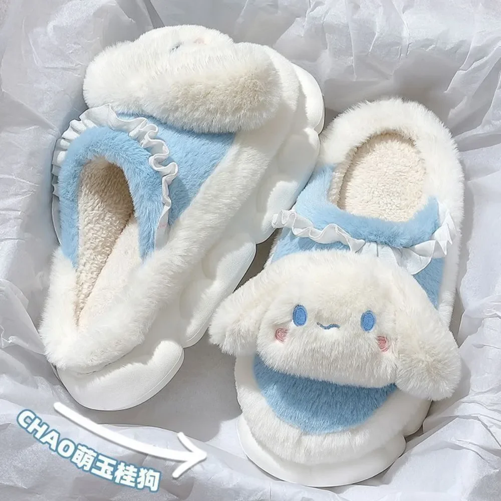 Anime Kuromi Cinnamoroll Cartoon Cute Autumn and Winter House Slippers Thick-soled Keep Warm Schoolgirl Plush Cotton Slipper