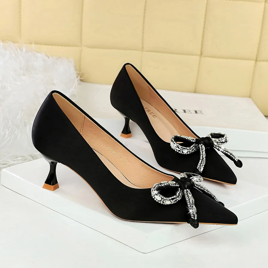 BIGTREE حجر الراين القوس عالية الكعب الرقص حفلة المرأة مضخات خنجر 5-10 سنتيمتر الأسود الشمبانيا أنيقة سيدة أحذية بكعب حجم 43 #2